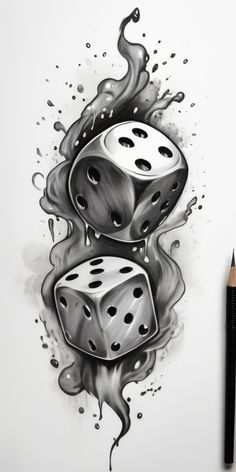 DICE TATTOO DESIGN Tattoo Needle Drawing, Girly Dice Tattoo, Urban Tattoos Designs, 4 Aces Tattoo, Dancing Tattoos, Dice Tattoo Design, Dice Drawing, Tattoo Art Drawings Sketches, Hand Tattoo Design