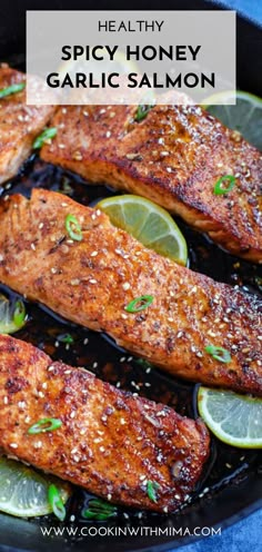 spicy honey garlic salmon in a cast iron skillet