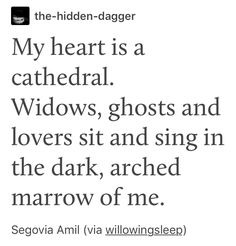 the text reads, my heart is a cathedral windows, ghosts and lovers sit and sing in the dark, arched narrow of me