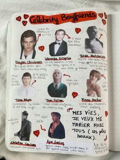 an open notebook with pictures of celebrity boyfriends