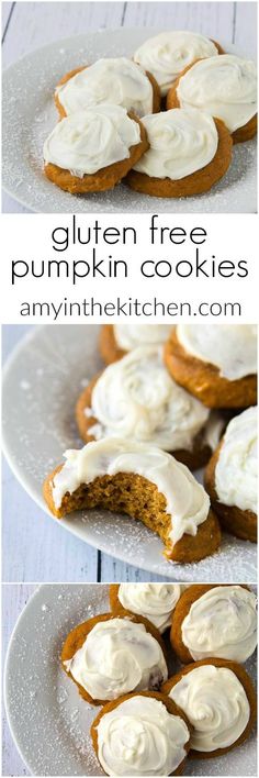 gluten - free pumpkin cookies with cream cheese frosting are on a white plate