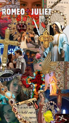 the collage has many different pictures and words on it, including jesus's cross