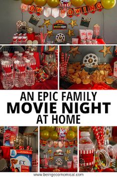 an epic family movie night at home party with balloons, streamers, and decorations