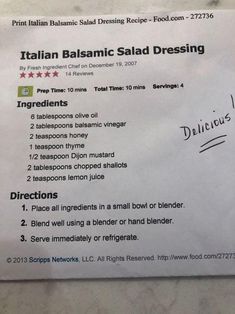 a recipe for italian balsamic salad dressing on a white piece of paper with writing