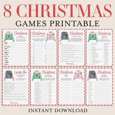 the 8 christmas games printable is shown in red and white with green trimmings