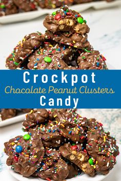 chocolate peanut clusters stacked on top of each other with the words crockpot chocolate peanut clusters