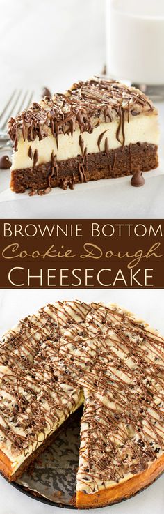 brownie bottom cheesecake with chocolate drizzle on top and the bottom half eaten