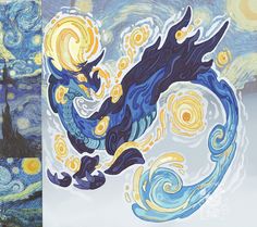 an artistic painting of a blue dragon with yellow swirls on it's wings