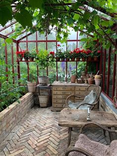 a wooden bench sitting on top of a brick patio