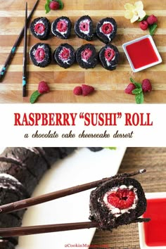 raspberry sushi roll with chocolate cake and cheesecake dessert