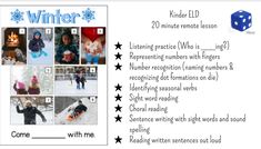 a poster with pictures of children in the snow and words that read winter, k - l - d