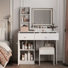 a bedroom with a white vanity and mirror