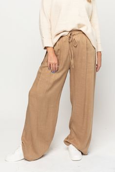 Darcy Pant in Mocha Holley Girl Relaxed Fit Brown Bottoms, Neutral Stretch Bottoms With Elastic Waistband, High Waist Neutral Bottoms With Elastic Waistband, Linen Material, Best Seller, Try On, Mocha, Medium Size, Large Size