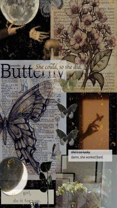 altered photograph collage with butterflies, flowers, and moon in the sky above it