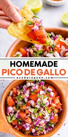 a hand dipping a tortilla into a bowl filled with pico de gallo