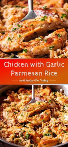 chicken with garlic parmesan rice in a skillet