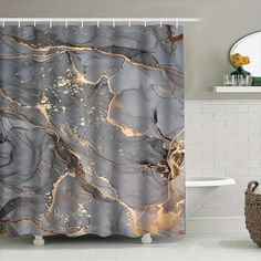 a marble shower curtain in a bathroom