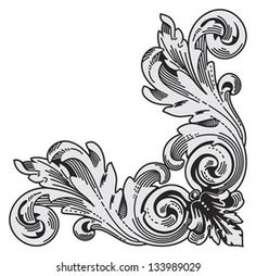 an ornate design with swirls and leaves in black and white on a white background