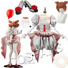 an image of a costume and accessories for a doll that looks like it is holding a red balloon