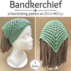 two hats with dreadlocks are shown in three different colors and sizes, one is green