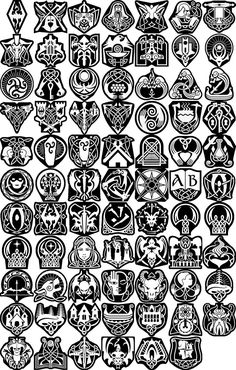 a large group of black and white images with different designs on them, all in the same