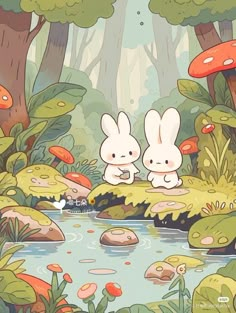 two white rabbits sitting on the edge of a river surrounded by trees and mushrooms, in front of a mushroom forest