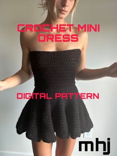 a woman in a black dress with her hands out and the words crochet mini dress