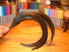 a person is holding a long feather in front of some colored crayons on a table