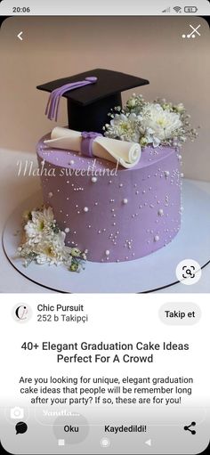 a purple cake with white flowers and a graduation cap on top that reads, congratulations cake ideas for a crowd