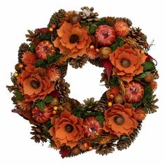 a wreath with orange flowers and pine cones