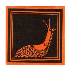 an orange and black drawing of a snail