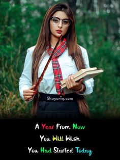 a woman wearing glasses and a tie holding a book with the words, a year from now you will wish you had started today