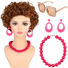 PRICES MAY VARY. 【Package Includes】1pc Red Orange Curly Wig + 1pc Retro Sunglasses + 1 pair of Big Earring + 1pc Rosy Pearl Necklace.This set captures landlady iconic look with precision. 【Premium Quality】Short Curly Red Orange Wig is made of high-quality high-temperature synthetic fiber, it feels pretty soft and natural and can easily be worn multiple times for plays. 【One Size Fits Most】The adjustable inner cap size from 21.6 to 23.6 inches,ensures a comfortable fit for most people. 【Retro and Orange Curly Wig, Orange Wig, Sunglasses Necklace, Halloween Party Dress, 70s Look, Women Cosplay, Disco Outfit, Curly Wig, Cosplay Halloween