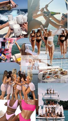 the collage shows women in bikinis and boats