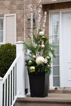 a potted plant sitting on the side of a porch