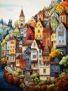 a painting of a city with lots of houses on the hill and trees around it