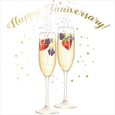 two champagne flutes with strawberries and grapes on them, happy anniversary card for friends