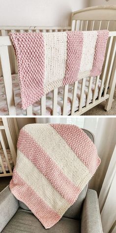 a crocheted pink and white blanket on top of a baby's bed