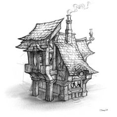 Dream House Drawing, Concept Art Landscape, Building Sketch, Building Drawing, House Sketch, Fantasy House, House Drawing, Environment Concept Art