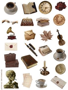 an assortment of items that include books, letters, and other things