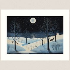 a painting of deer in the snow at night