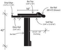 a drawing of a bar top with measurements for the height and width of each piece