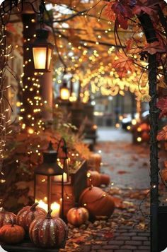 an outdoor area with lights and pumpkins on the ground