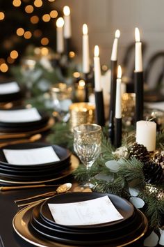 Add sophistication to your Thanksgiving decor with black and gold accents for an elegant tablescape. #ThanksgivingDecor #ElegantStyle #BlackAndGold Black Gold Table Setting, Masculine Tablescape, Black And Gold Tablescape, Black And Gold Accents, Elegant Thanksgiving, Black And Gold Theme, Thanksgiving Tablescape, Thanksgiving Tablescapes, Gold Theme