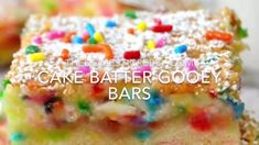 the words cake batter gooey bars are overlaid with multicolored sprinkles