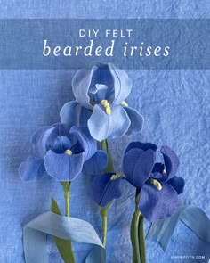 three blue flowers with the words diy felt bearded irises