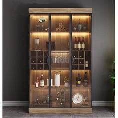 a tall glass cabinet with bottles and glasses on it's shelves in front of a gray wall