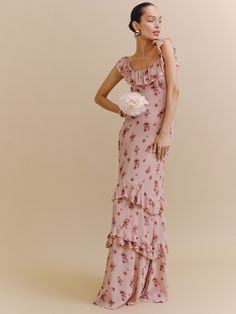 Romance alert.  Shop the Tripoli Dress from Reformation, a maxi dress with a scoop neckline, ruffle detailing, and tiered ruffles throughout. Reformation Pink Dress, Reformation Bridesmaids, Bridesmaid Aesthetic, Pink Bridesmaids Dresses, Garden Formal, Ruffle Tiered Dress, Pink Sundress, Time Clothes, Prom 2024