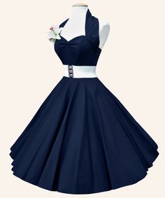 1950s Halterneck Plain Dress. Made from cotton sateen fabric. As with all of our boned dresses, the authentic bodice neatly nips the waist and shapes the bust so your silhouette stands out as the perfect pin-up Áo Blu, Cute Dress Outfits, Plain Dress, Vintage Style Dresses, Halterneck Dress