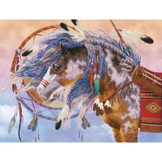 a painting of a native american horse with feathers on it's head and tail